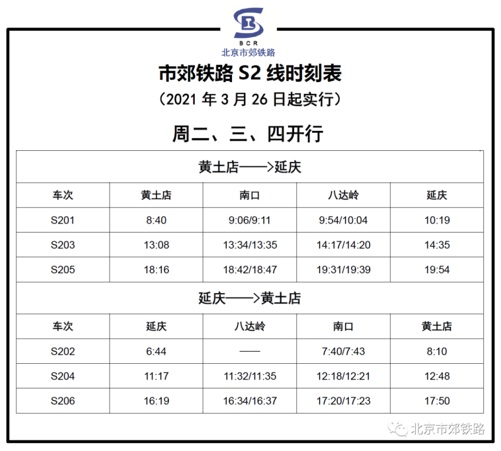 西直门S2线路最新时刻表发布